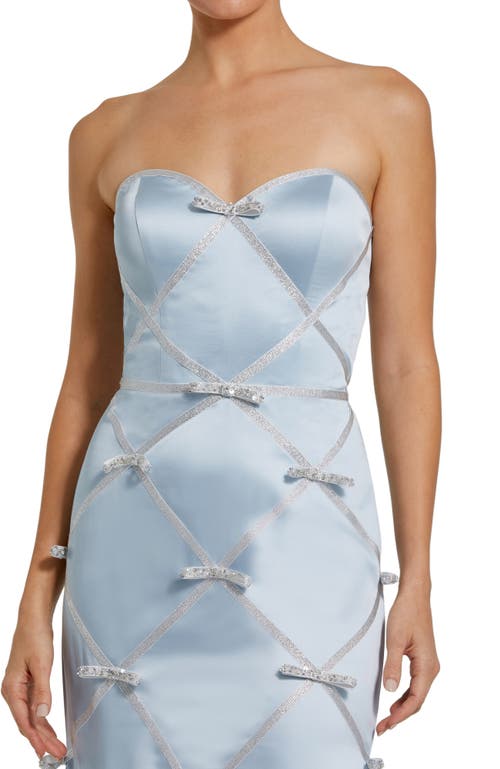 Mac Duggal Strapless Satin Mermaid Gown With Bow Details In Powder Blue Silver