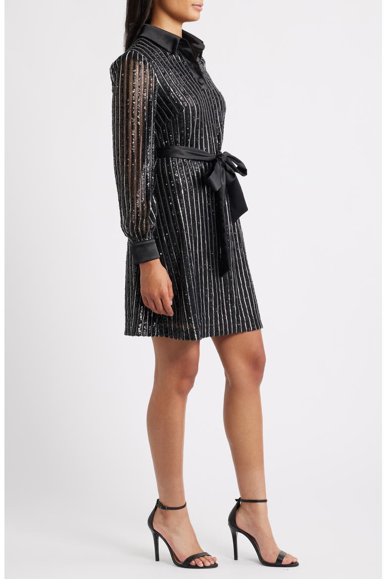 Sequin Stripe Long Sleeve Belted Shirtdress, Alternate, color, BLACK SILVER
