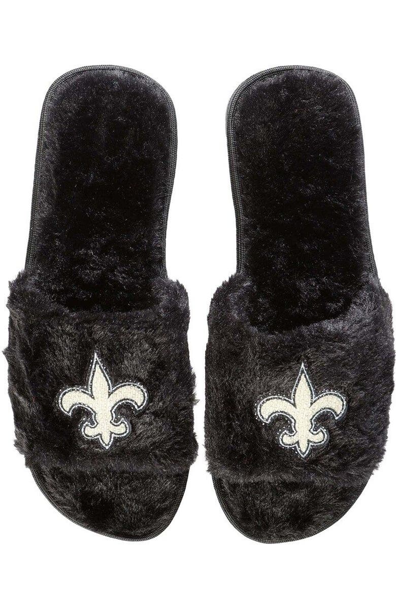 FOCO Women's FOCO Black New Orleans Saints Rhinestone Fuzzy Slippers, Main, color,