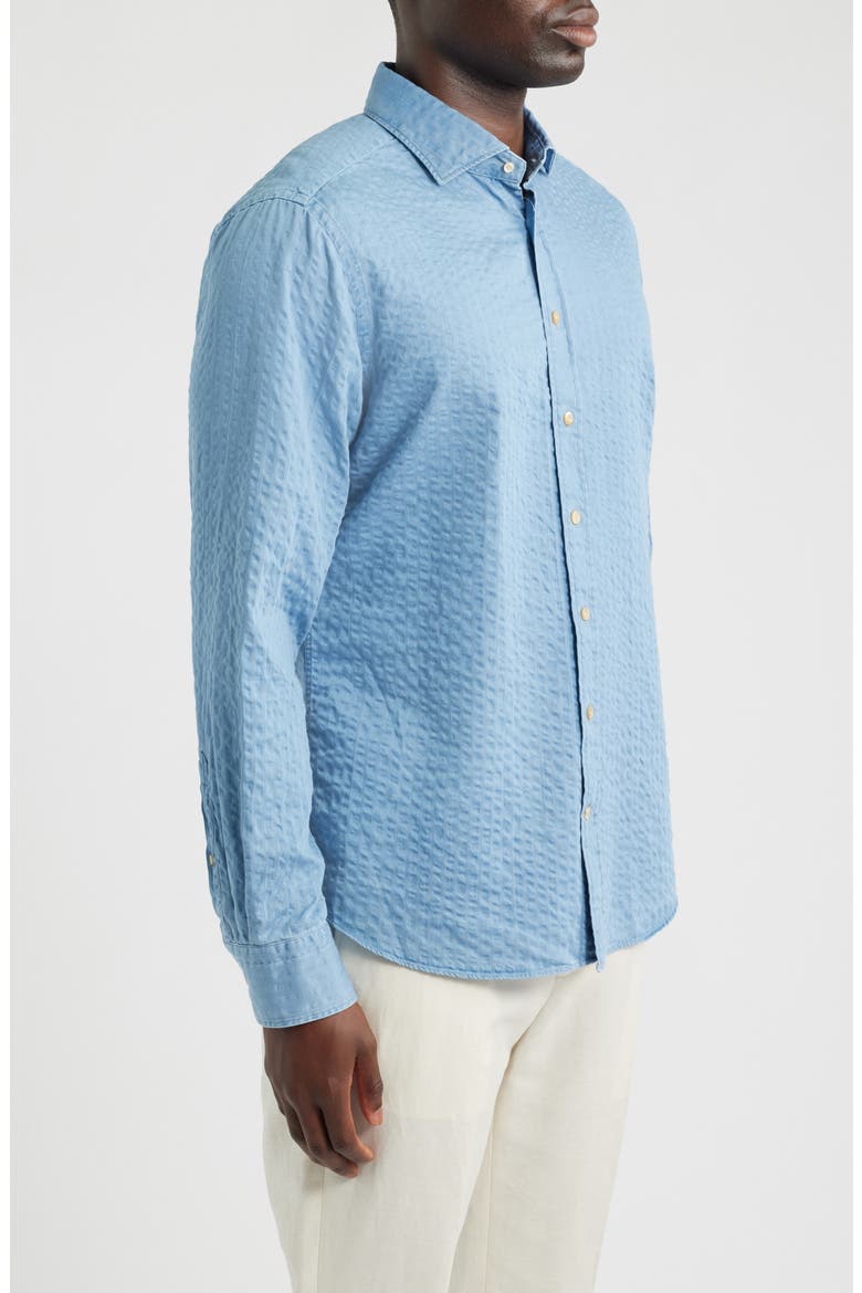 Crinkle Stripe Cotton Denim Button-Up Shirt, Alternate, color, MEDIUM BLUE