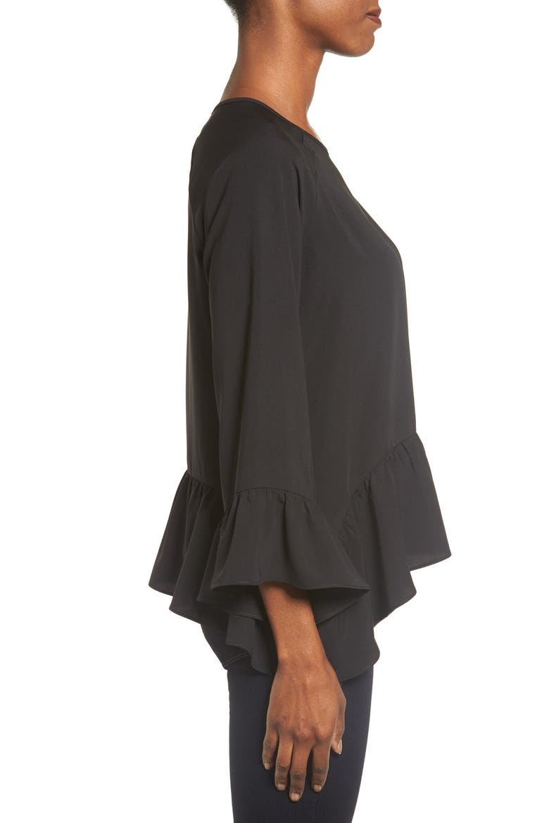 Gibson Bell Sleeve Ruffle Hem Blouse, Alternate, color, BLACK