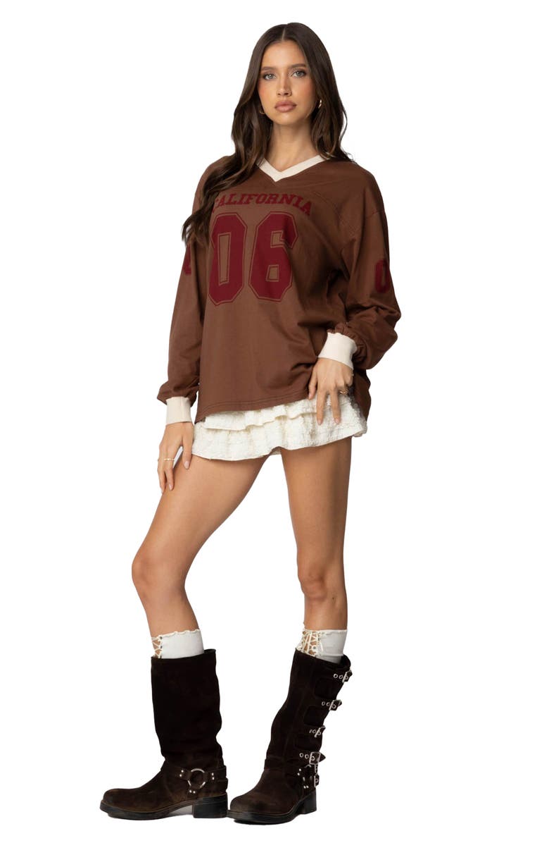 EDIKTED Cali 06 Oversize Long Sleeve Cotton Graphic Football T-Shirt, Alternate, color, Brown