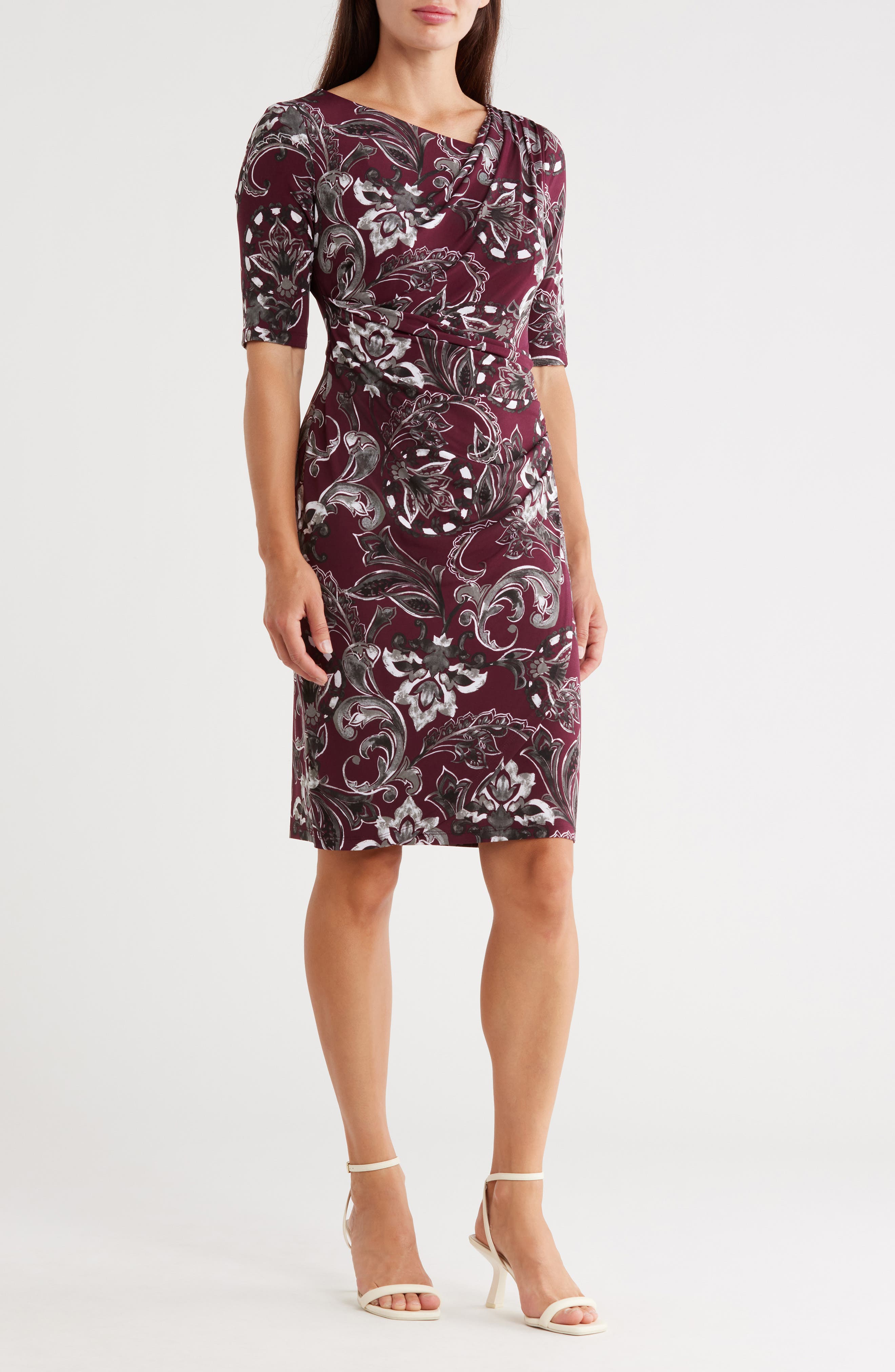 Connected Apparel Asymmetric Faux Wrap Body-Con Dress