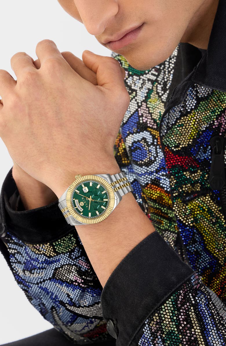 PHILIPP PLEIN Date Superlative Two-Tone Bracelet Watch, 42mm, Alternate, color, Green/ Gold