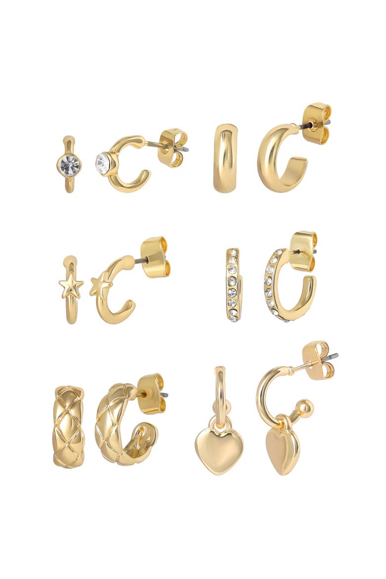 Gold-Tone Hoop Earrings for Women 6-Pack with Rhinestones | Small Hoops Yellow Gold-Tone, Rhinestone Accents, Dangling Heart Charm, Star Pendant, Huggie Earrings, 6 Different Pairs, Main, color, Gold-Tone