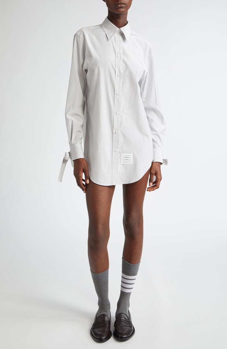 Thom Browne Stripe Bow Cuff Silk Blend Button-Up Shirt, Main, color,