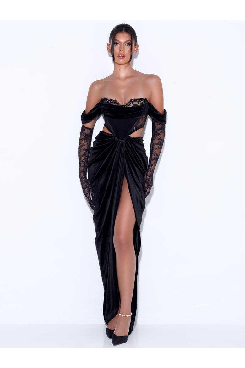 Quintessa Lace Velvet Corset Off Shoulder Gown, Main, color, Black