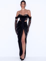Miss Circle Quintessa Lace Velvet Corset Off Shoulder Gown