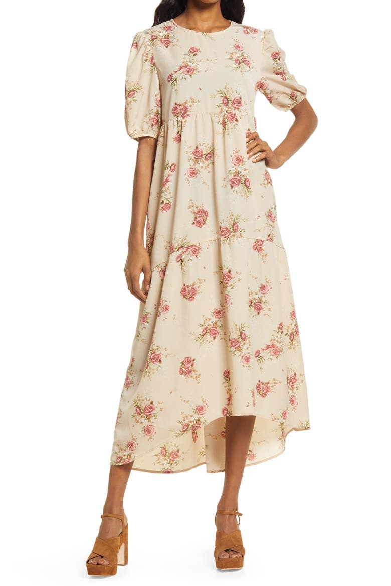 Floral Midi Dress, Main, color, NATURAL