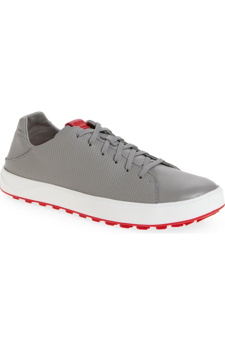 OluKai Wai'Alae Waterproof Leather Golf Shoe, Main, color, Ash / Red Lava