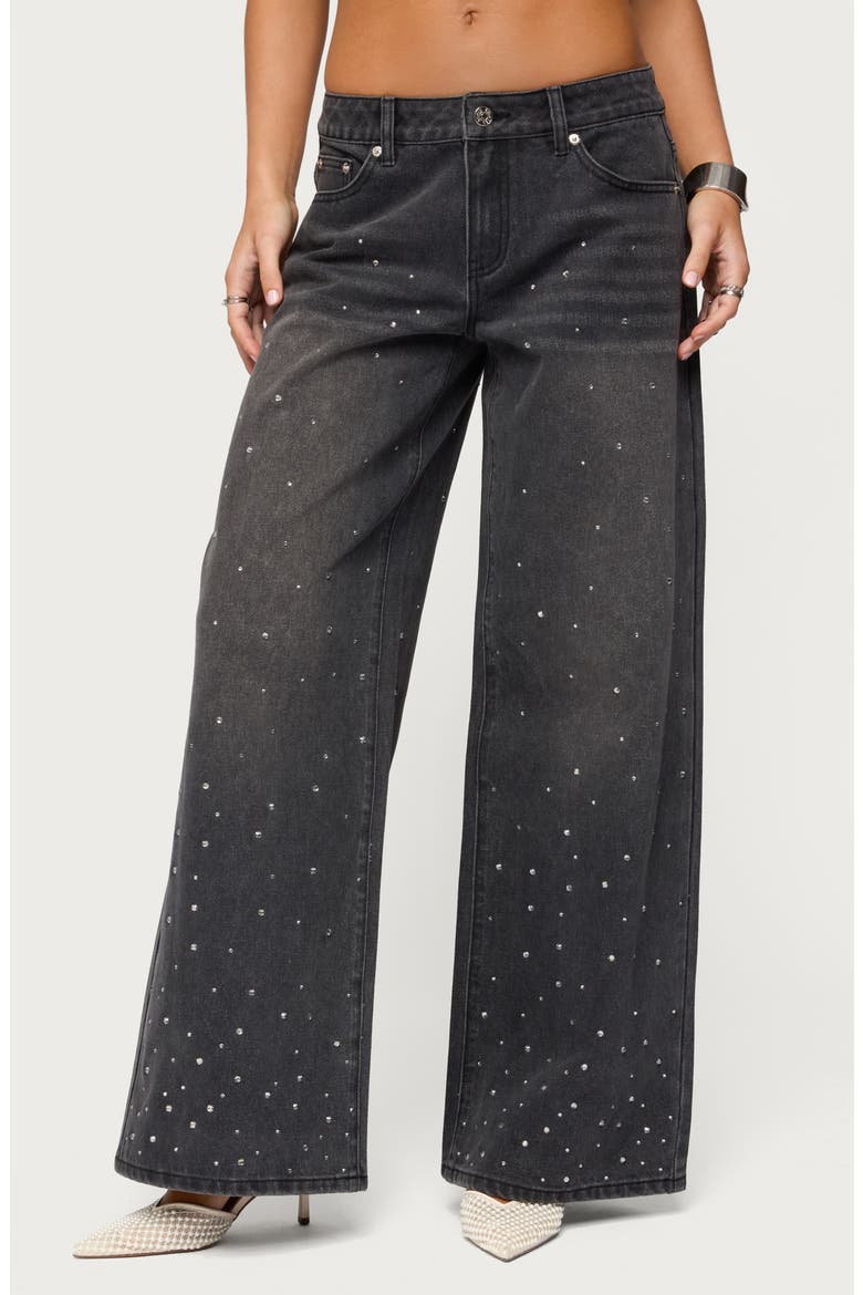 Embellished Low Rise Wide Leg Jeans, Main, color, BLACK-WASHED