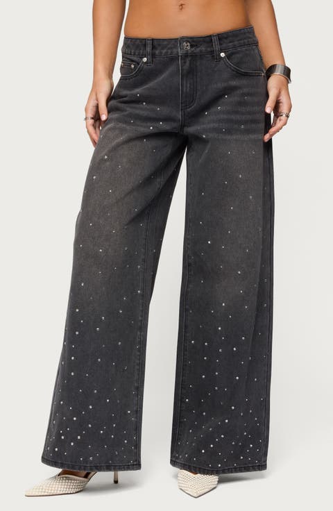 Embellished Low Rise Wide Leg Jeans