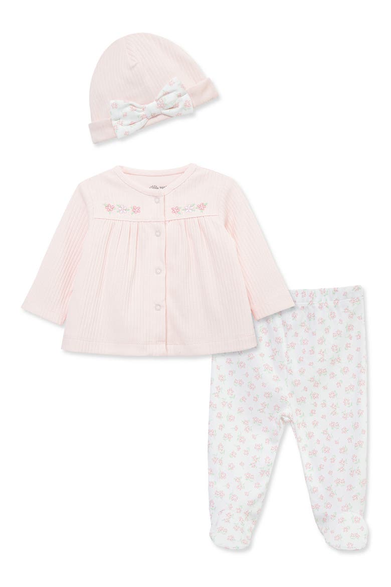 Pretty Floral Organic Cotton Cardigan, Pants & Hat Set, Main, color, PINK