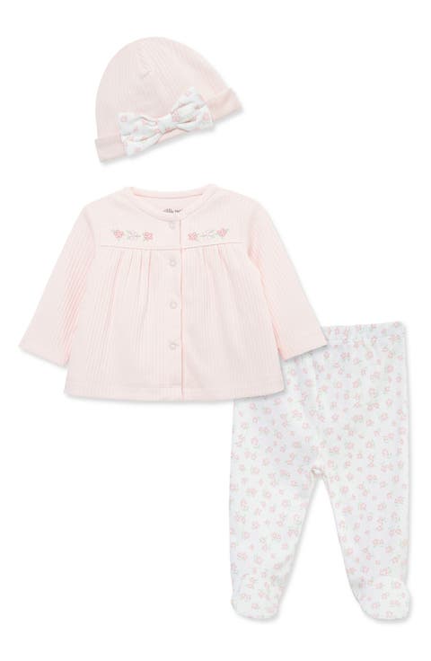 Pretty Floral Organic Cotton Cardigan, Pants & Hat Set (Baby)