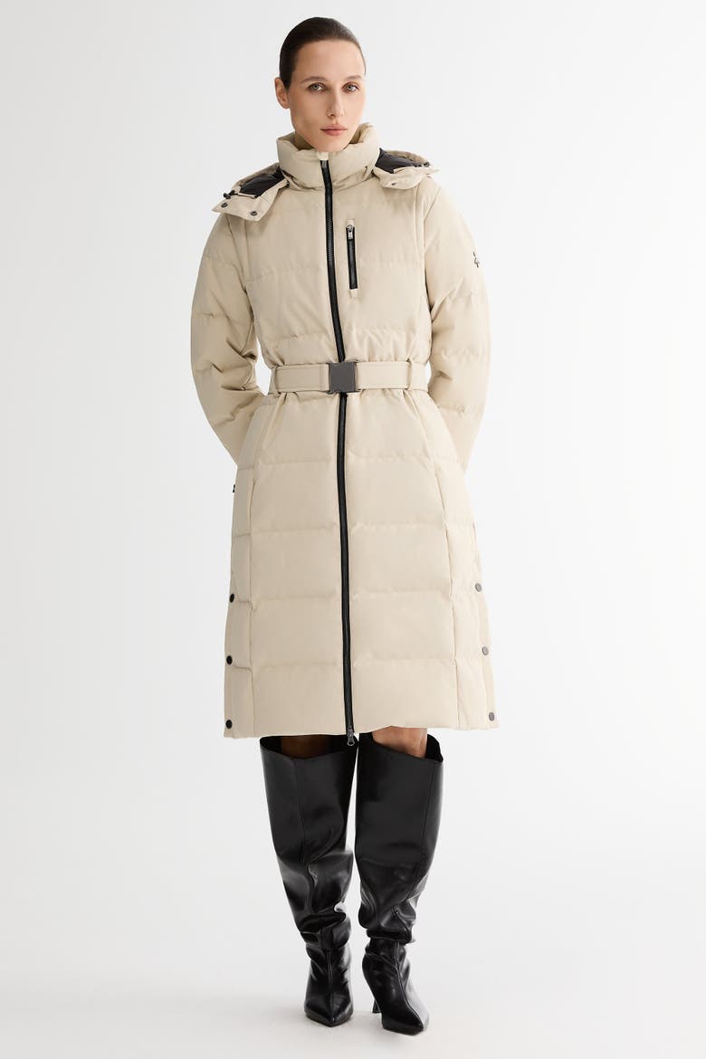 Celeste Long Hooded Belted Down Coat, Main, color, Beige