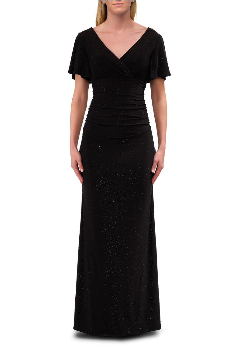 Flutter Sleeve Rhinestone Embellished Evening Dress, Main, color, Black