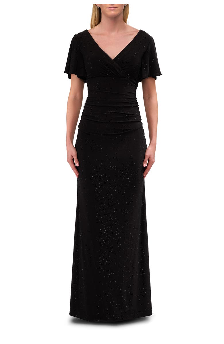 La Femme Flutter Sleeve Rhinestone Embellished Evening Dress, Main, color, Black