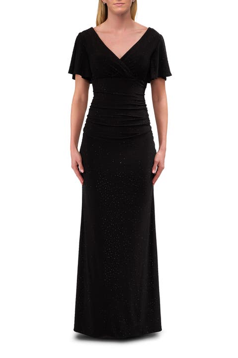 Flutter Sleeve Rhinestone Embellished Evening Dress