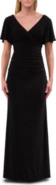 La Femme Flutter Sleeve Rhinestone Embellished Evening Dress