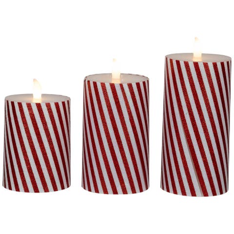 LED Flickering Flameless Candy Cane Striped Christmas Wax Pillar Candles - 6" - Set of 3