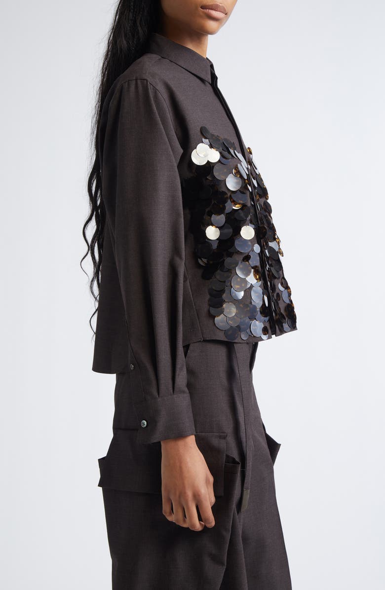 Sacai Sequin Embroidered Wool Suiting Button-Up Shirt, Alternate, color, Brown/ Brown