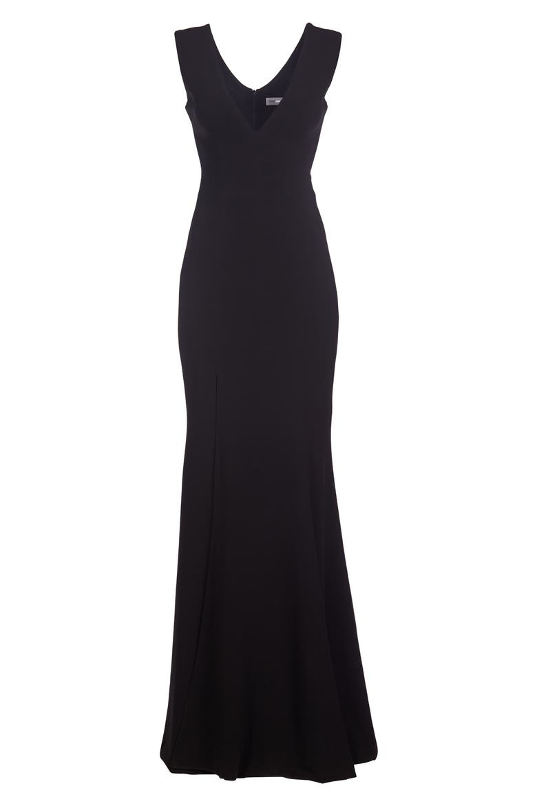 Sandra Plunge Crepe Trumpet Gown, Alternate, color, BLACK
