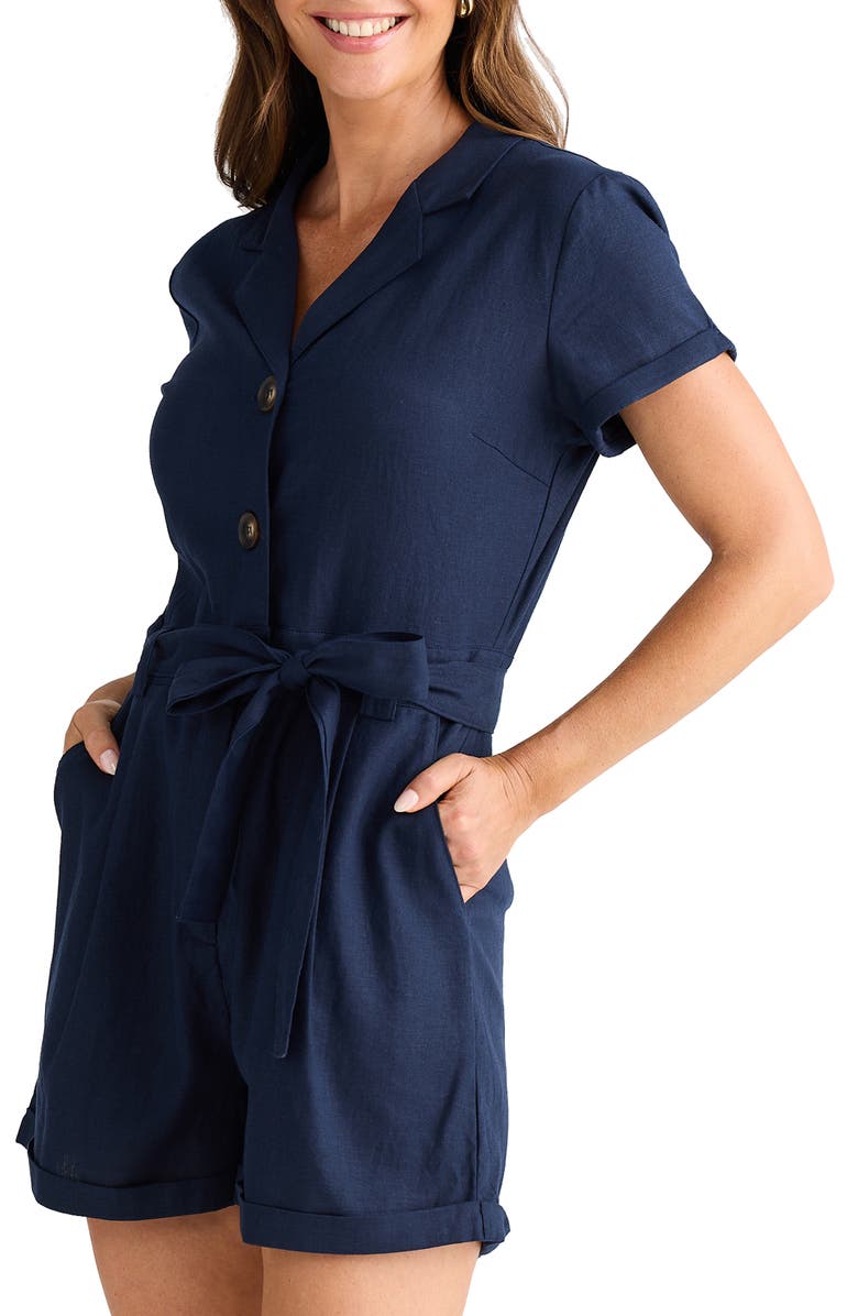 Brave+True Sadler Linen Belted Romper, Alternate, color, Navy