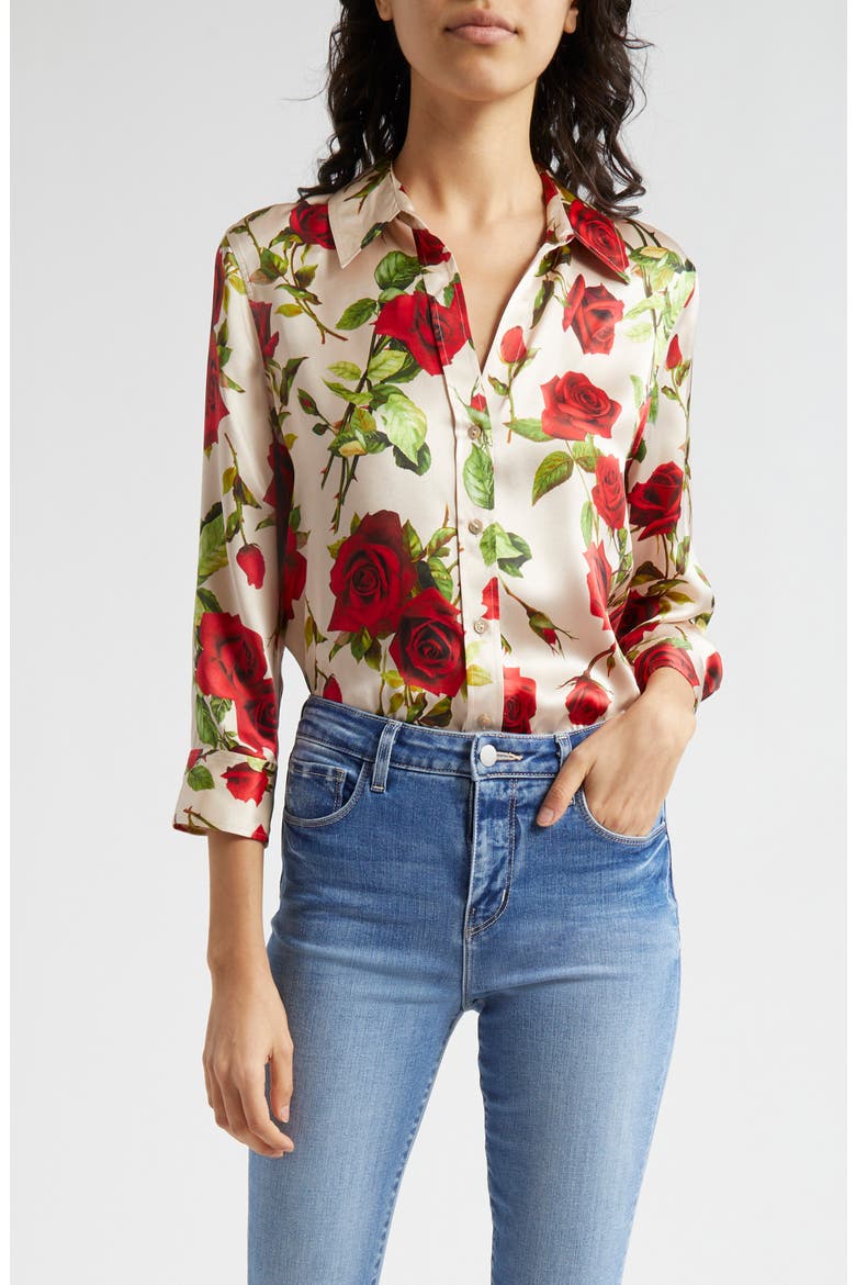 Dani Rose Print Silk Button-Up Shirt, Main, color, SANDRED R