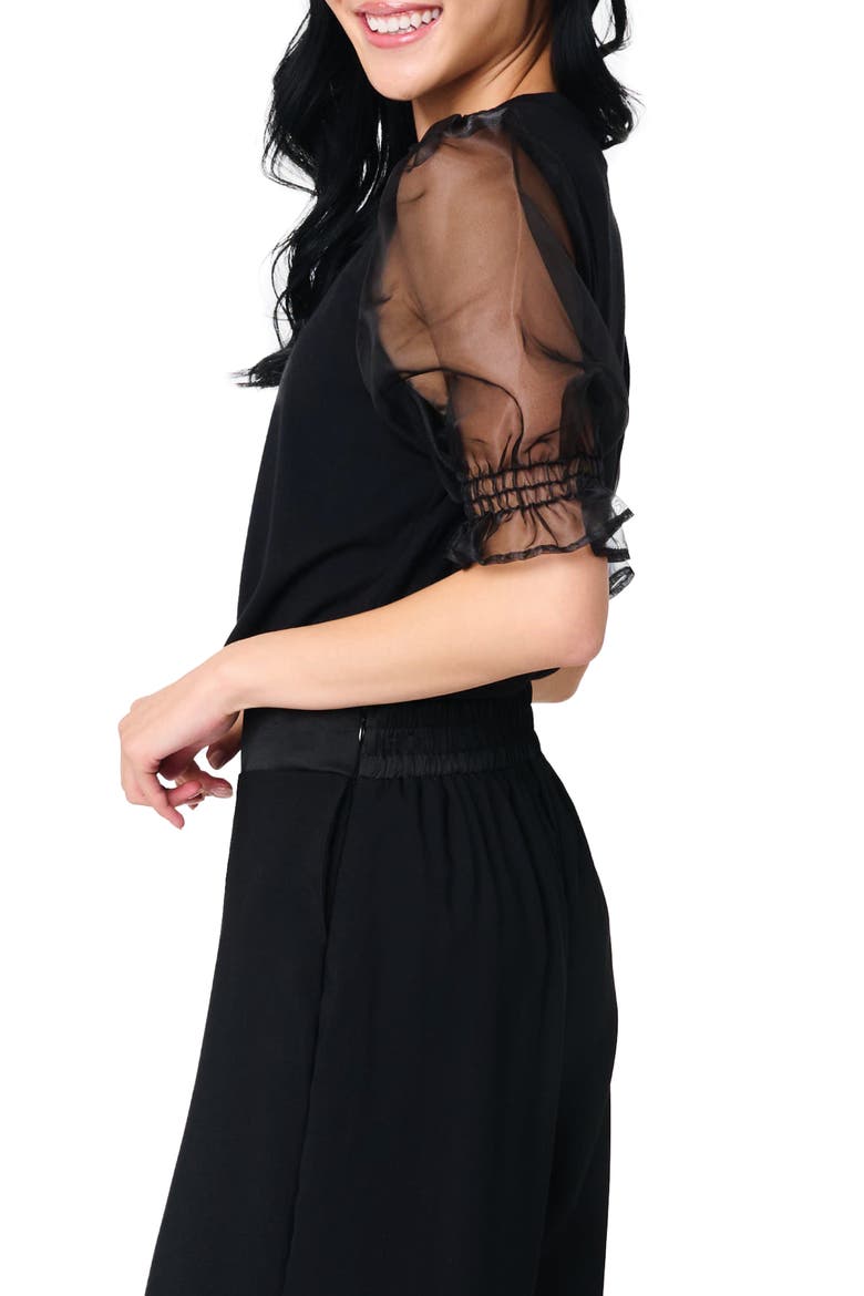Mixed Media Organza Puff Sleeve Ponte Top, Alternate, color, BLACK