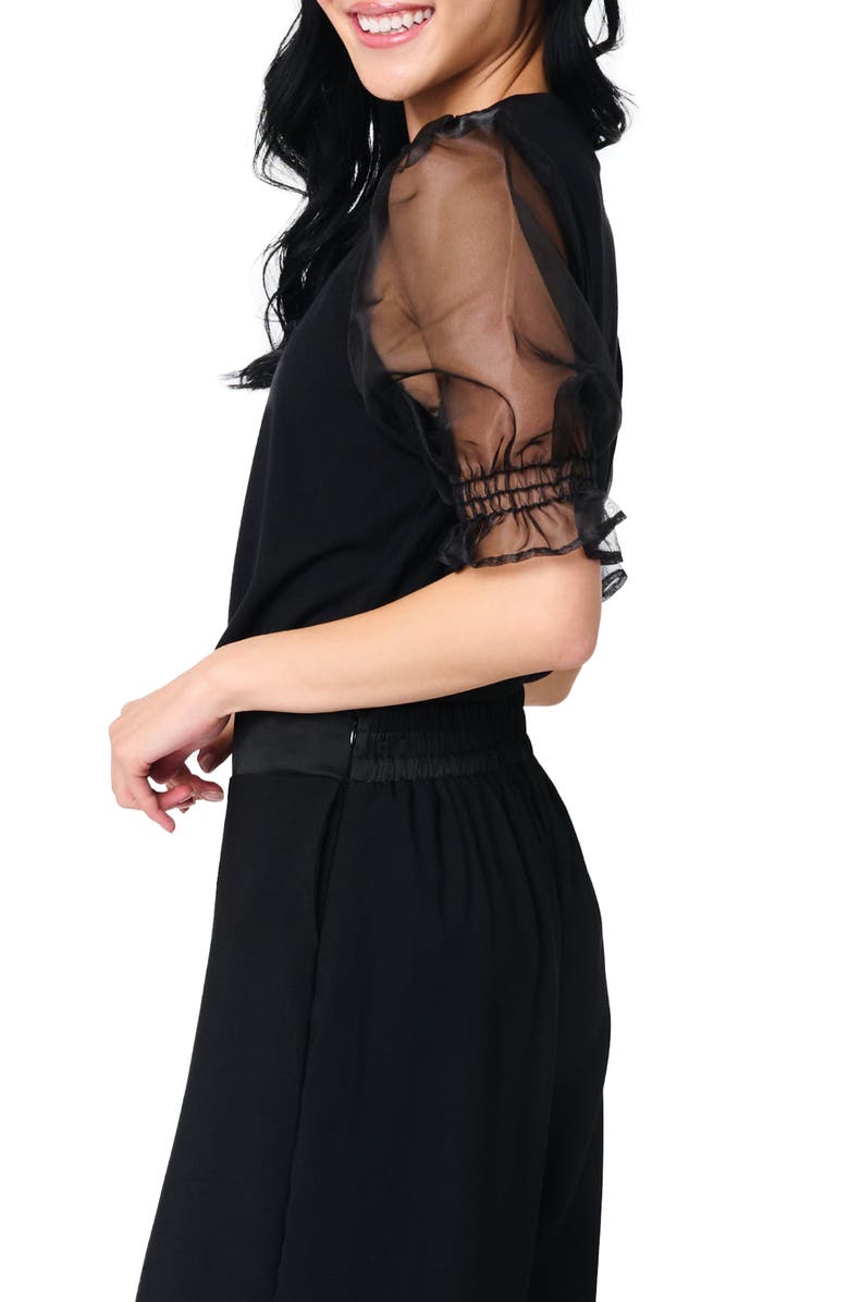 GIBSONLOOK Mixed Media Organza Puff Sleeve Ponte Top, Alternate, color, Black