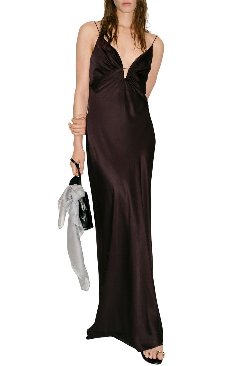 MANGO V-Neck Satin Dress, Main, color, Brown