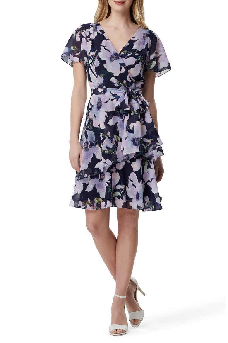 Floral Print Chiffon Faux Wrap Dress, Main, color, LAVENDER NAVY FLORAL