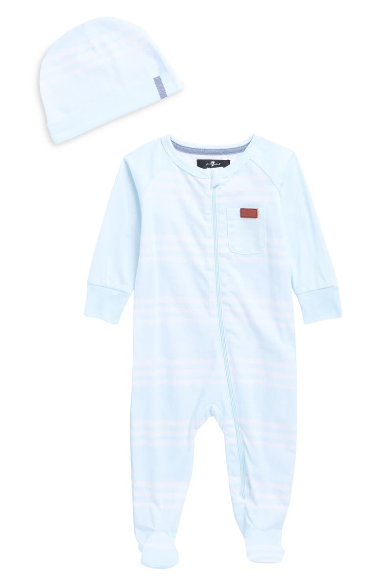7 For All Mankind Footie & Cap Set, Main, color, Soft Blue