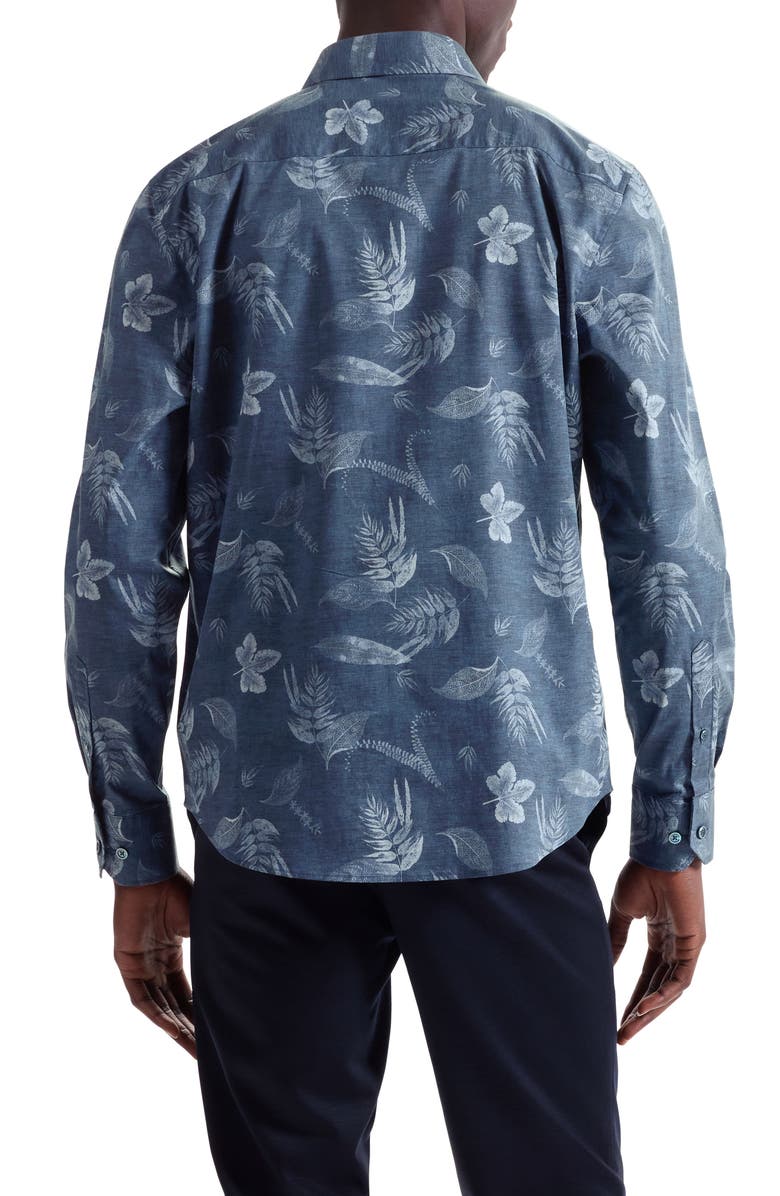 Bugatchi Julian Shaped Fit Leaf Print Stretch Cotton Button-Up Shirt, Alternate, color, Navy