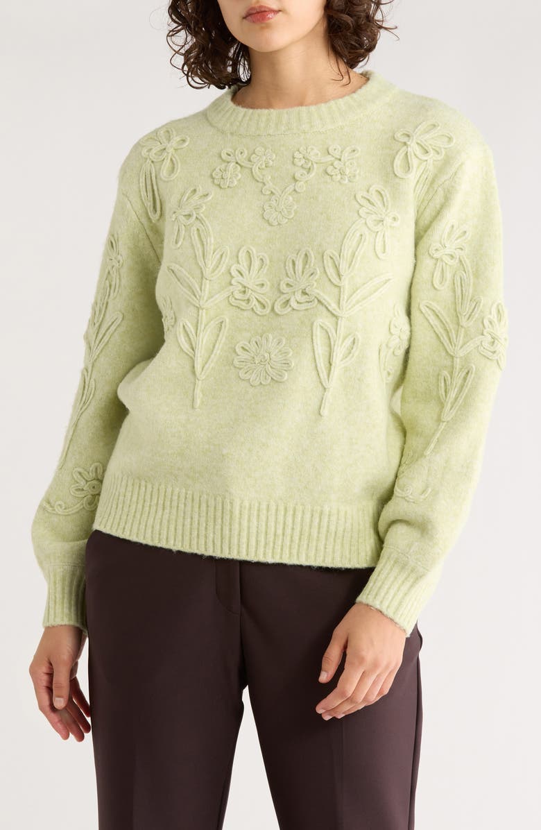 ELIE ELIE TAHARI Floral Embroidered Crewneck Sweater, Main, color, Pistachio Green