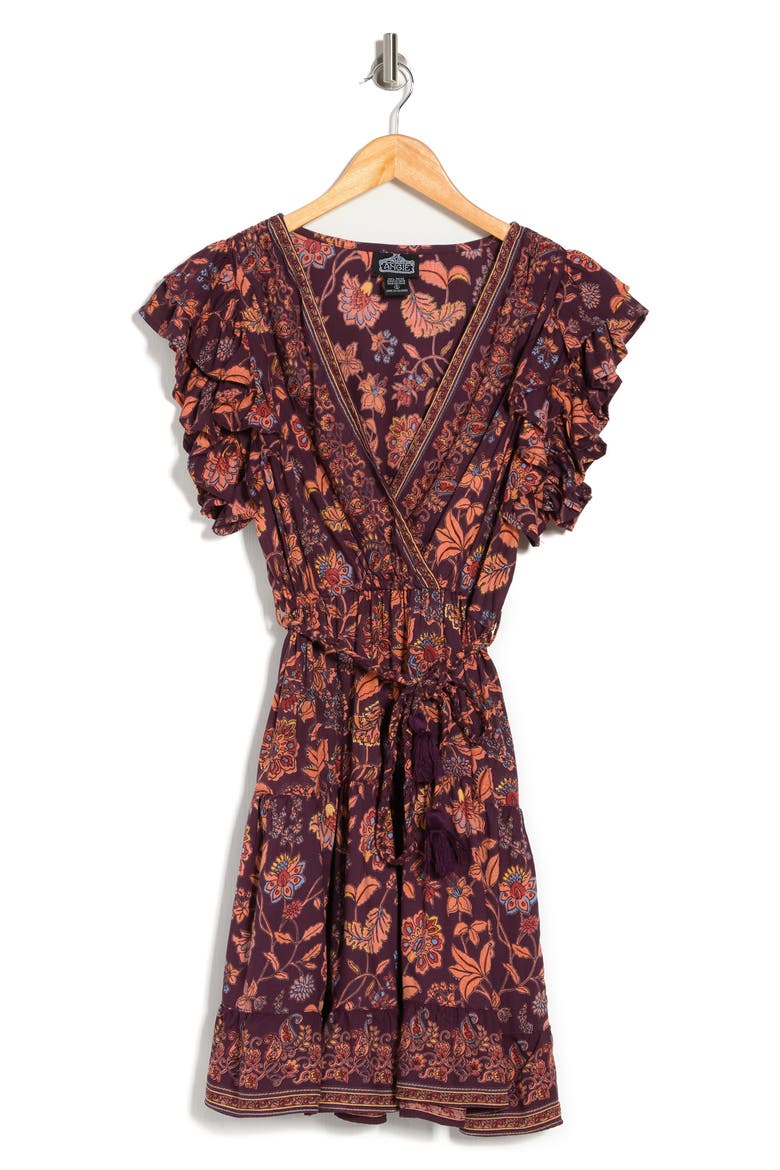 V-Neck Flutter Sleeve Dress, Alternate, color, AMARANTH
