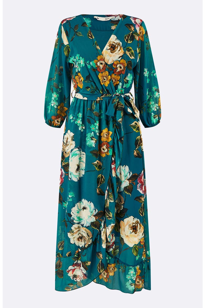 Watercolour Dip Hem Midi Wrap Dress, Alternate, color, Teal