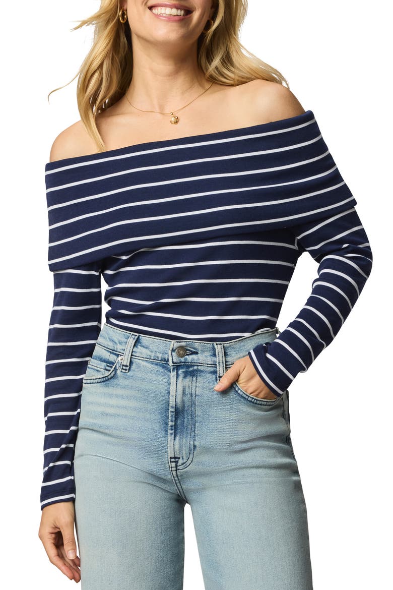 Josie Stripe Off the Shoulder Top, Main, color, NAVY BLUE/ WHITE