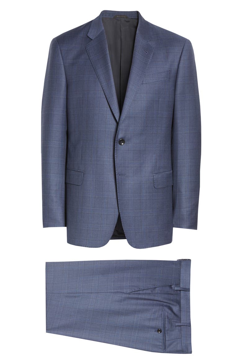 Trim Fit Plaid Wool Suit, Main, color, BLUE