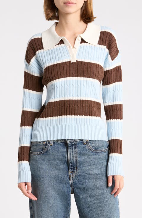 Striped Cable Knit Polo Sweater