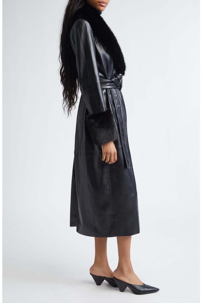 Estella Belted Faux Leather Coat with Faux Fur Trim, Alternate, color, BLACK/ BLACK