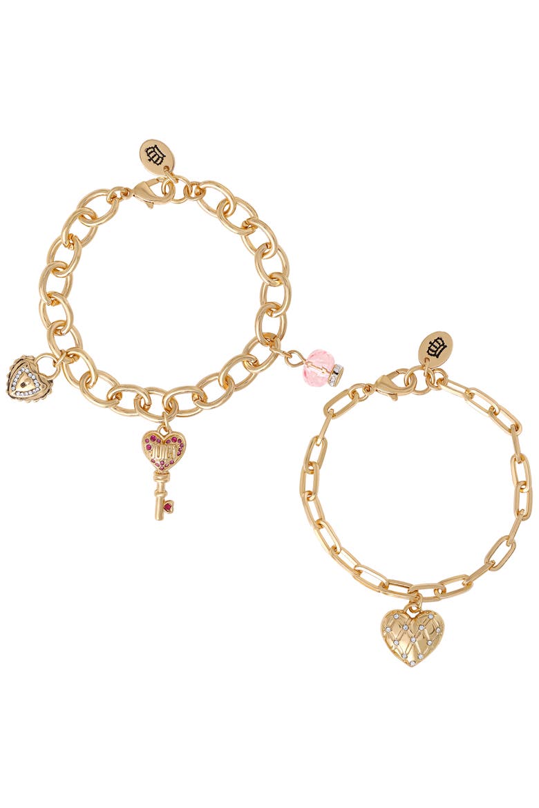 Charm Bracelet Set with Heart and Key Charms, 7.5'', Main, color, Gold Tone