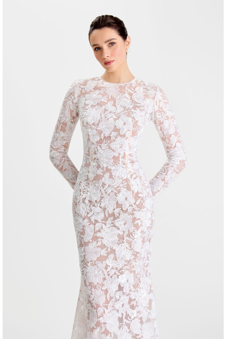 Sasha Embroidered Sequin Sheer Mesh Gown, Alternate, color, WHITE