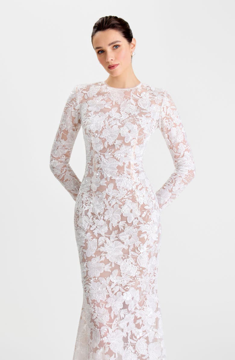 NADINE MERABI Sasha Embroidered Sequin Sheer Mesh Gown, Alternate, color, White