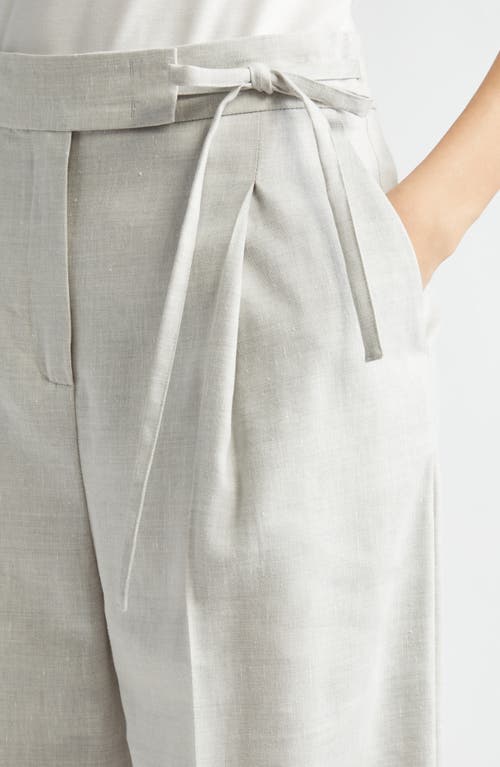 Eleventy Pleated Tie Waist Linen & Wool Wide Leg Pants In Light Melange Grey