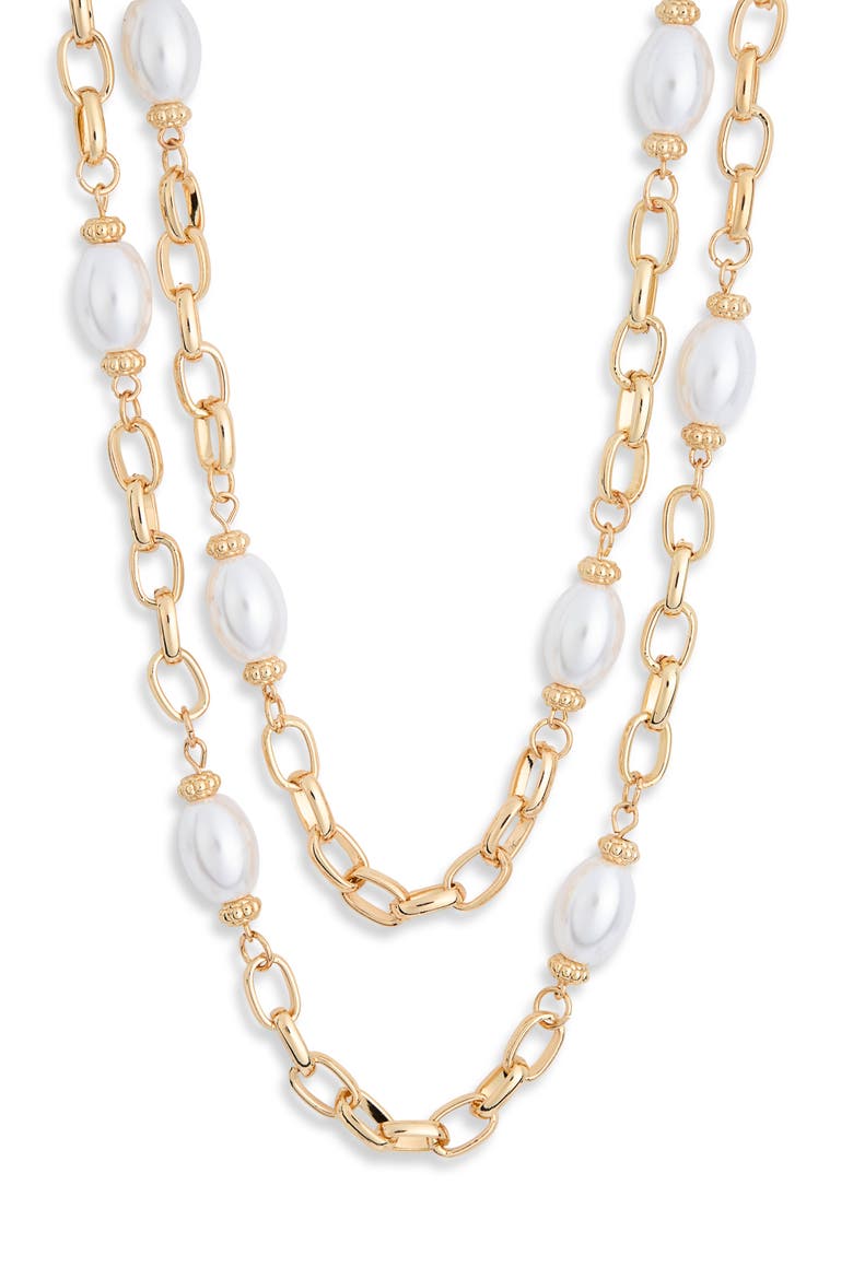 Faux Pearl Station Chain Layered Necklace, Main, color, WHITE- GOLD