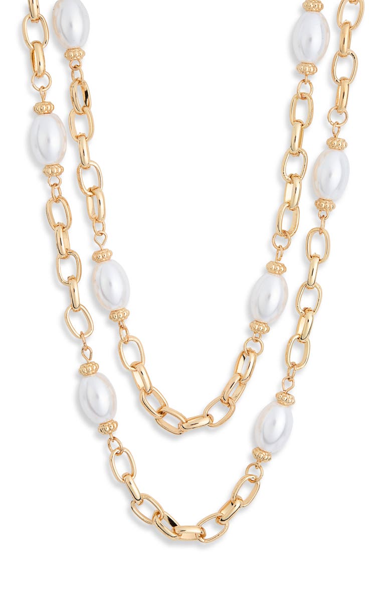 NORDSTROM RACK Faux Pearl Station Chain Layered Necklace, Main, color, White- Gold