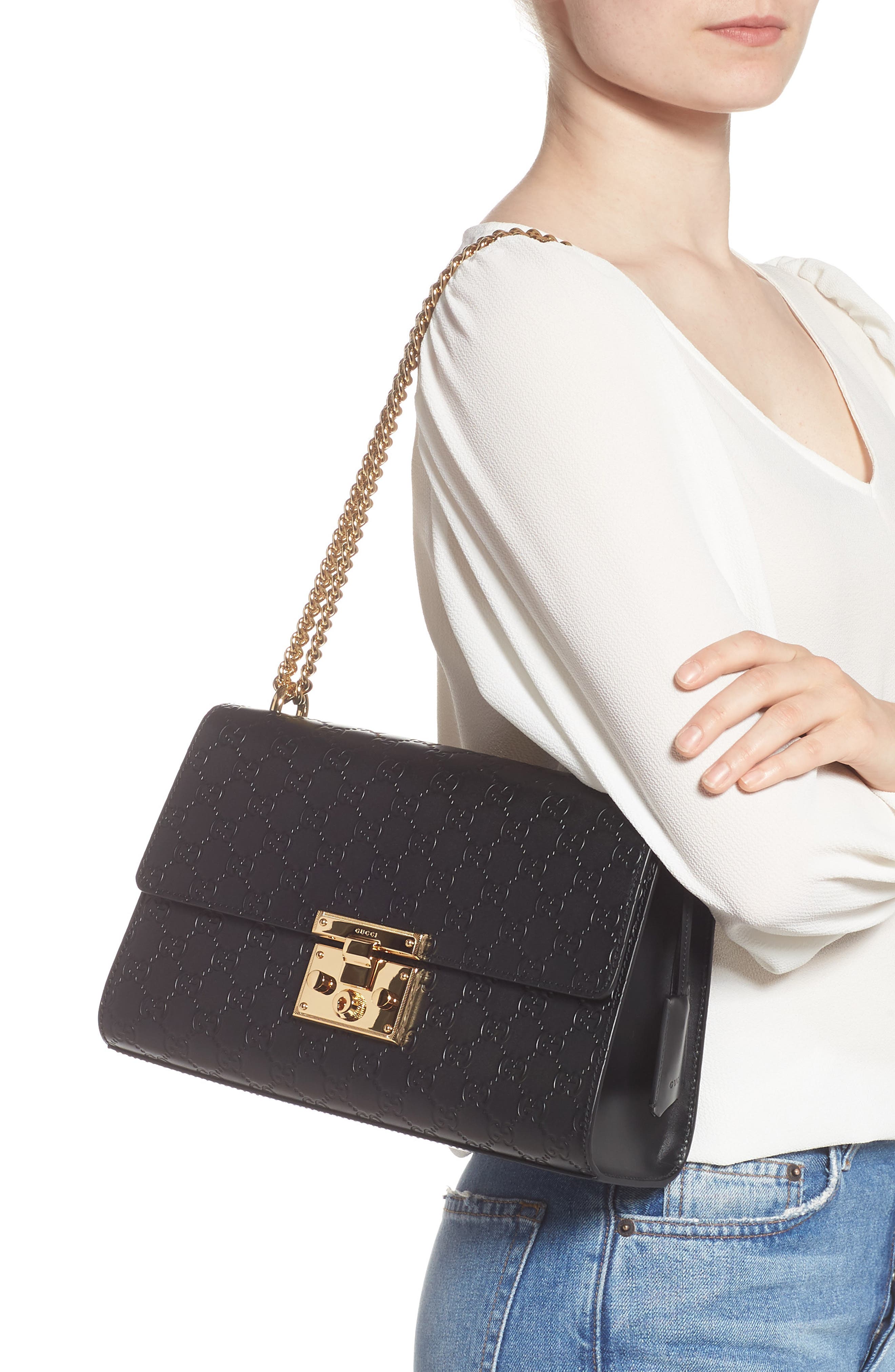 Medium Padlock Signature Leather Shoulder Bag, Alternate, color, NERO