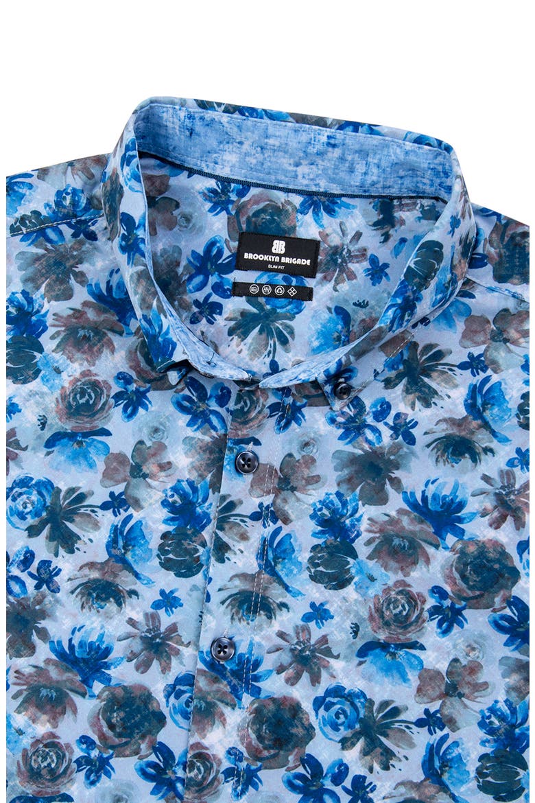 Slim Fit Quay Watercolor Floral 4-Way Stretch Performance Short Sleeve Shirt, Alternate, color, BROWN/BLUE