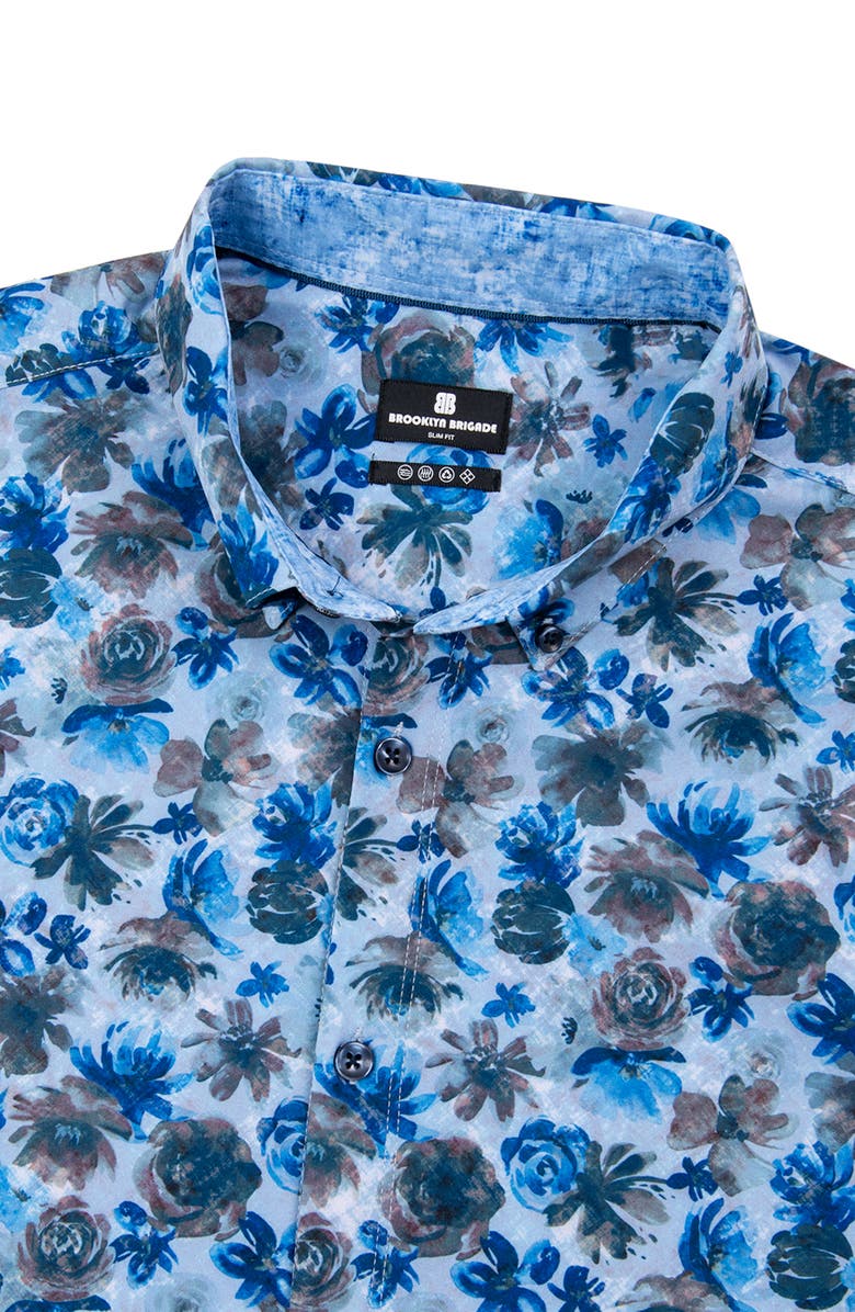 Brooklyn Brigade Slim Fit Quay Watercolor Floral 4-Way Stretch Performance Short Sleeve Shirt, Alternate, color, Brown/Blue